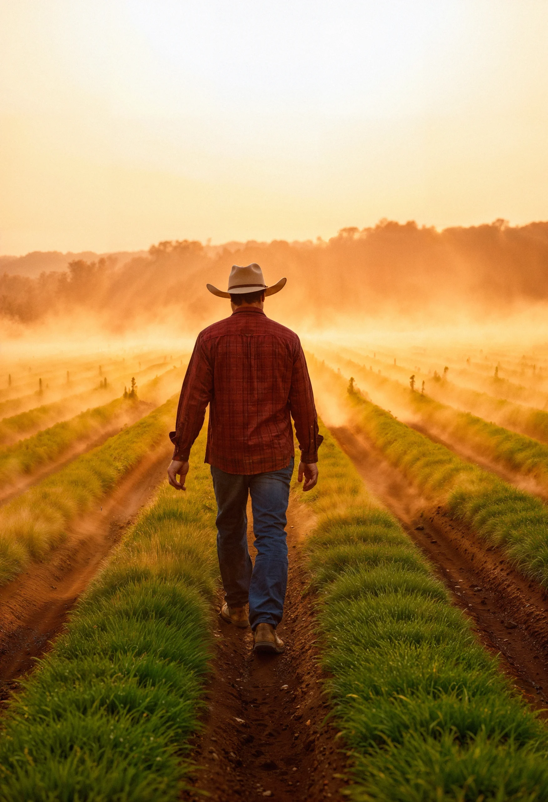 Produtor rural caminhando entre as linhas da lavoura ao amanhecer